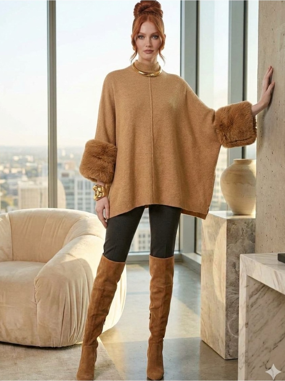 SAKS FIFTH AVENUE Camel Mock Neck Faux Fur Cuff Old Money Poncho Sweater Size L